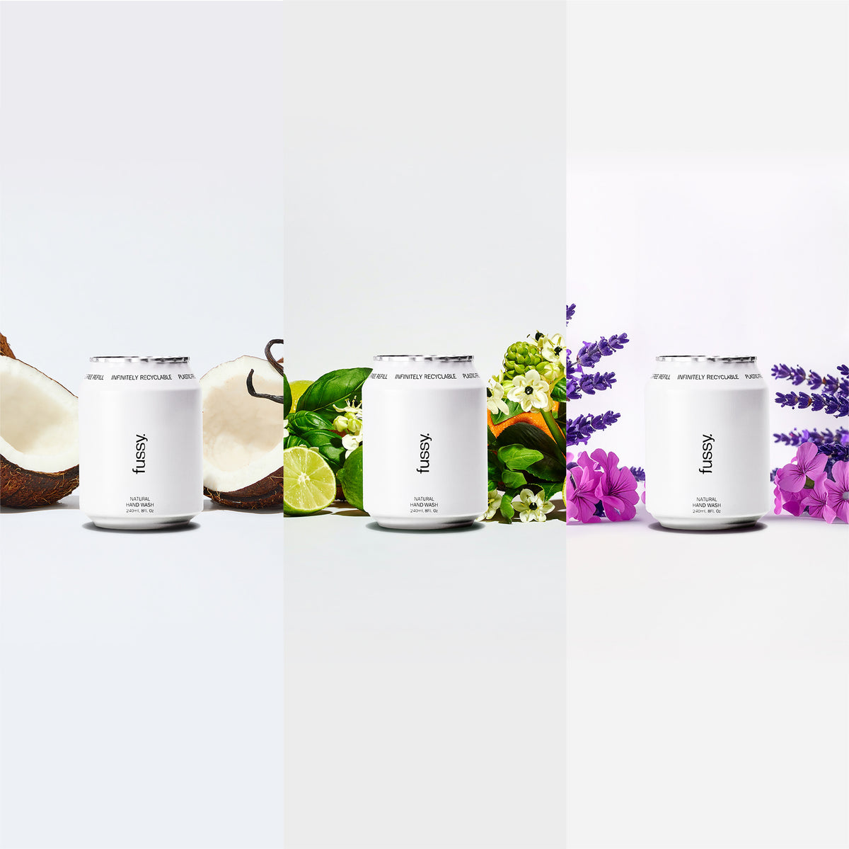 Fussy's Hand Wash Variety Refill Pack - showing a display of three of their best-smelling Hand Wash scents - Coconut Milk, Tropic Tonic and Lavender Fields