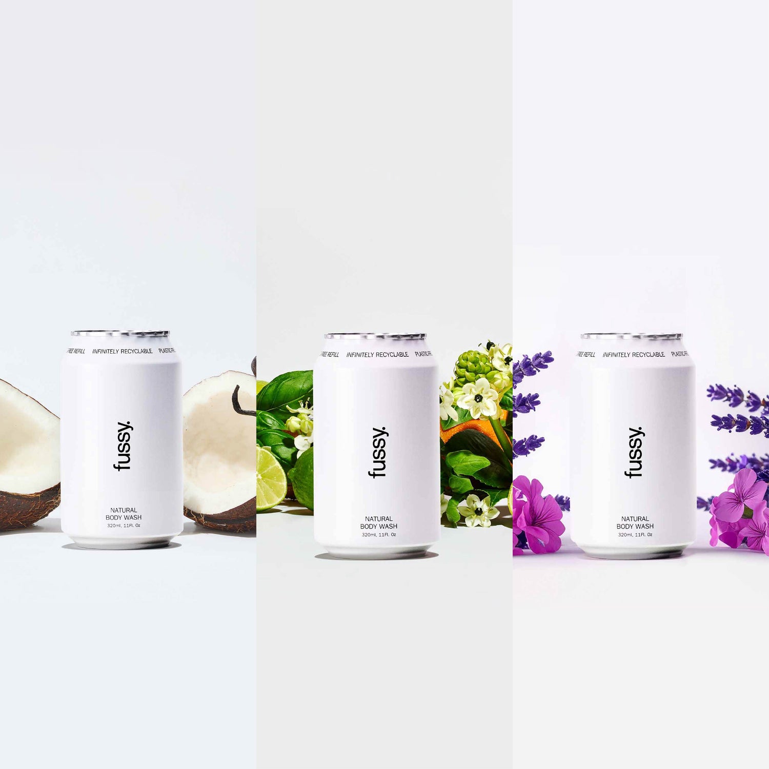 Fussy's Body Wash Variety Refill Pack - showing a display of three of their best-smelling Body Wash scents - Coconut Milk, Tropic Tonic and Lavender Fields